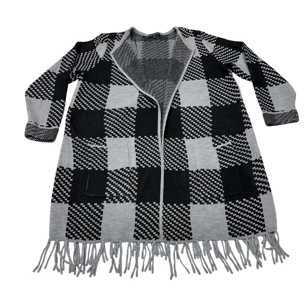 Adrienne Vittadini Cardigan Black Grey Buffalo Plaid Fringe Pockets 3X Women
